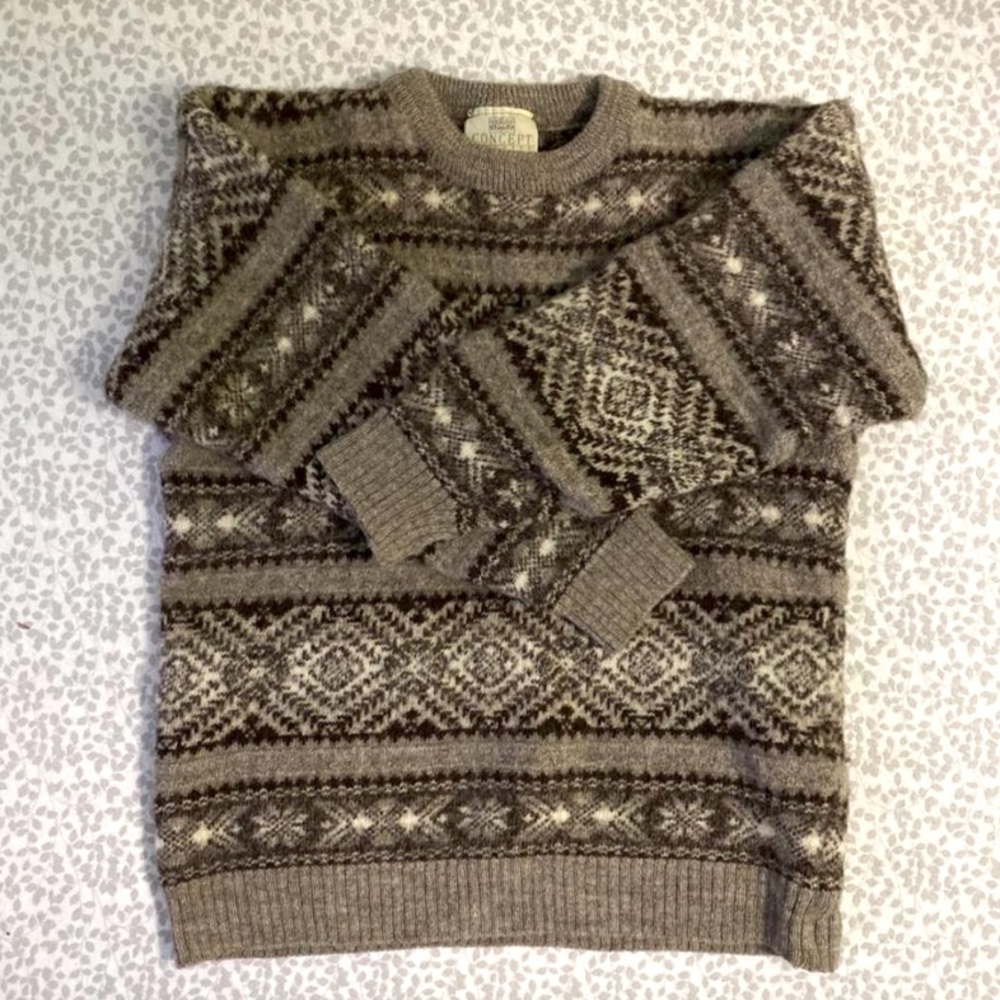 grey, brown and creme, wool crewneck